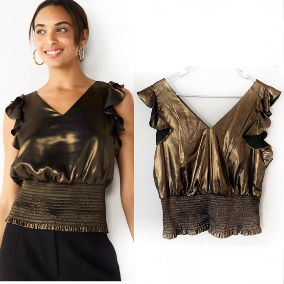 Nine West Tops - Nine West Metallic Brown Smocked Hem Ruffle Top Sleeveless Large Party Glam Chic